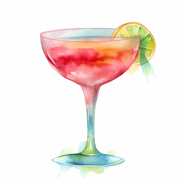 Es gibt ein Aquarellgemälde eines Cocktailglases mit einer Scheibe Limettengenerativ ai