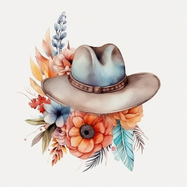 Es gibt ein Aquarellgemälde eines Cowboyhutes mit generativen Blumen