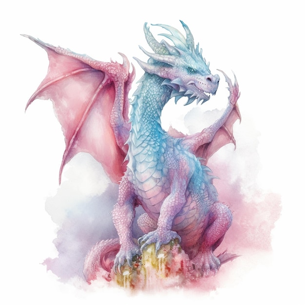 Es gibt ein Aquarellgemälde eines Drachen, der auf einem Felsen sitzt.