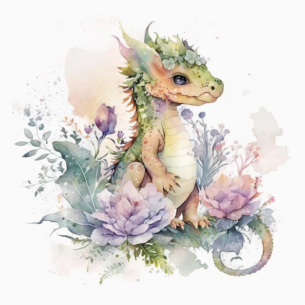 Es gibt ein Aquarellgemälde eines Drachen, der auf einer generativen Blume sitzt