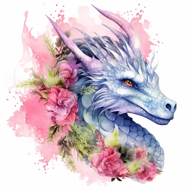 Es gibt ein Aquarellgemälde eines Drachen mit Blumen generative ai