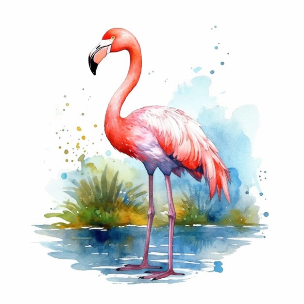 Es gibt ein Aquarellgemälde eines Flamingos, der in der generativen Wasserströmung steht