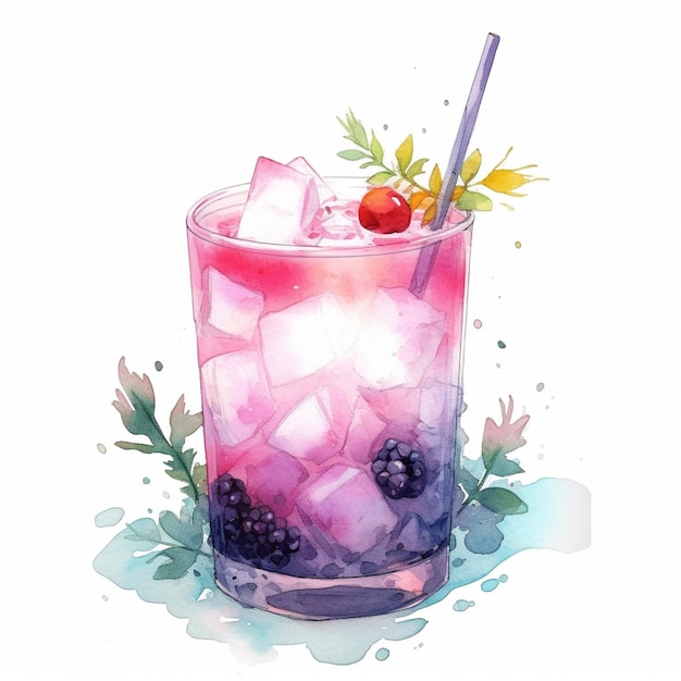 Es gibt ein Aquarellgemälde eines Getränks mit Eis und generativen Beeren