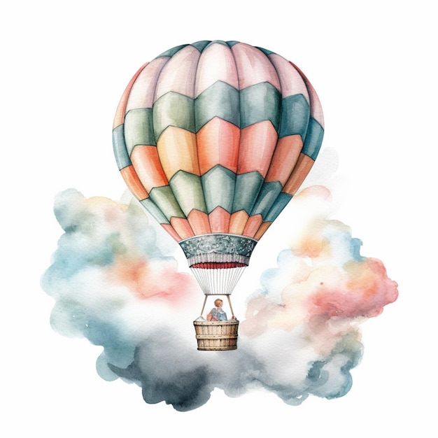 Es gibt ein Aquarellgemälde eines Heißluftballons, der im Himmel fliegt.