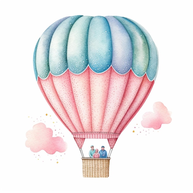 Es gibt ein Aquarellgemälde eines Heißluftballons mit Menschen im Inneren.