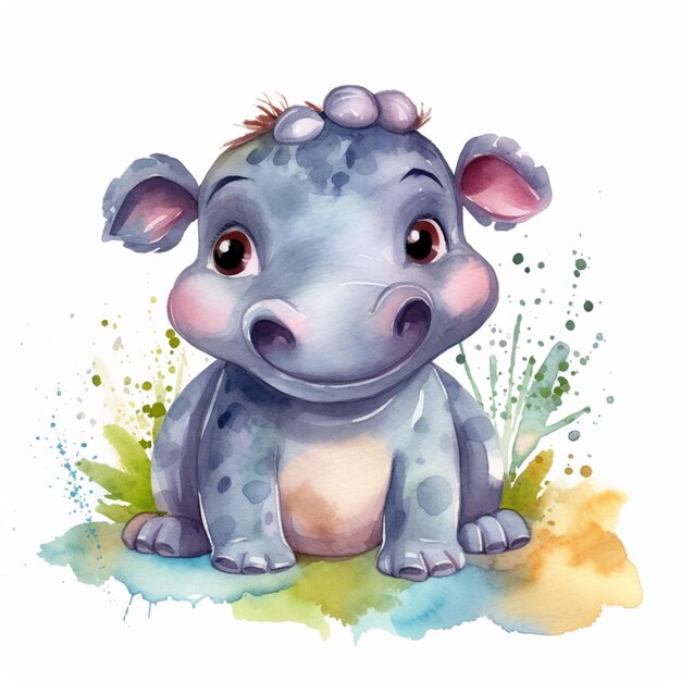 Es gibt ein Aquarellgemälde eines Hippo, der auf dem Boden sitzt.