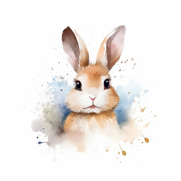 Es gibt ein Aquarellgemälde eines Kaninchen mit weißem Hintergrund.