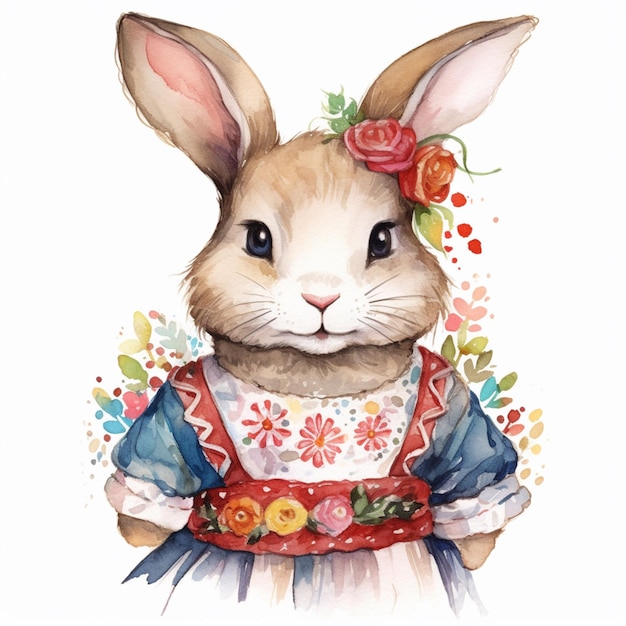 Foto es gibt ein aquarellgemälde eines kaninchens, das ein generatives ki-kleid trägt