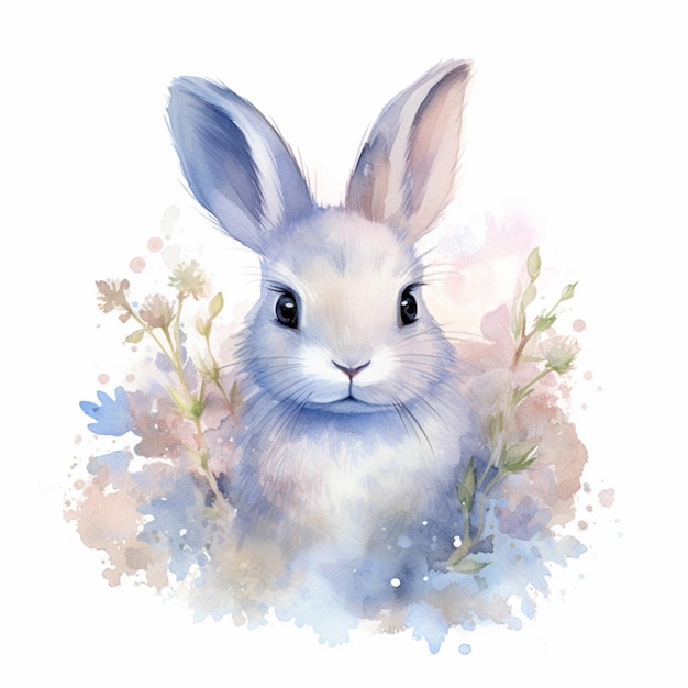 Es gibt ein Aquarellgemälde eines Kaninchens mit generativen Blumen