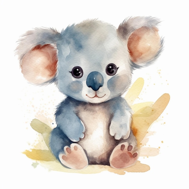 Es gibt ein Aquarellgemälde eines Koala-Bären, der auf dem Boden sitzt.