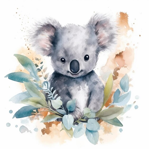 Es gibt ein Aquarellgemälde eines Koala-Bären, der auf einem Zweig sitzt.