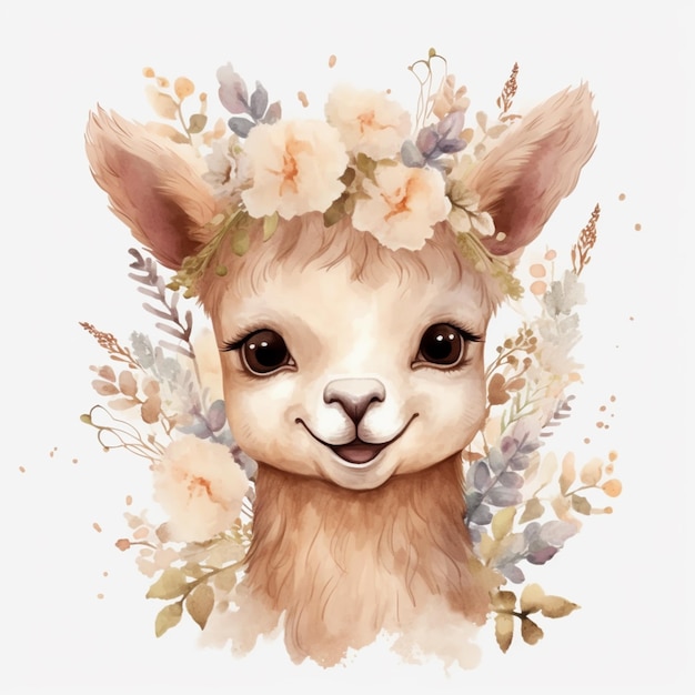 Es gibt ein Aquarellgemälde eines Lamas mit Blumen auf dem Kopf, generative KI