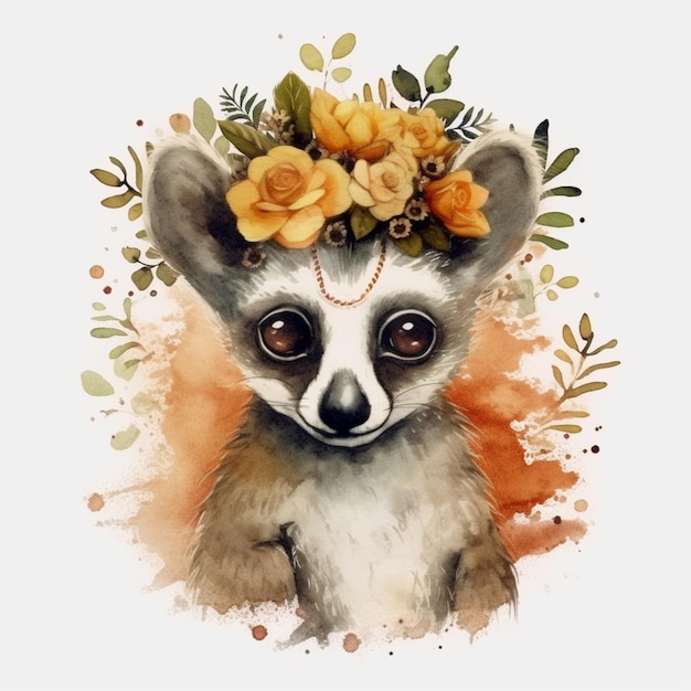 Es gibt ein Aquarellgemälde eines Lemuren mit Blumen auf dem Kopf, generative KI