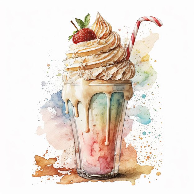 Foto es gibt ein aquarellgemälde eines milchshakes mit einem strohhalm und einer erdbeere oben.