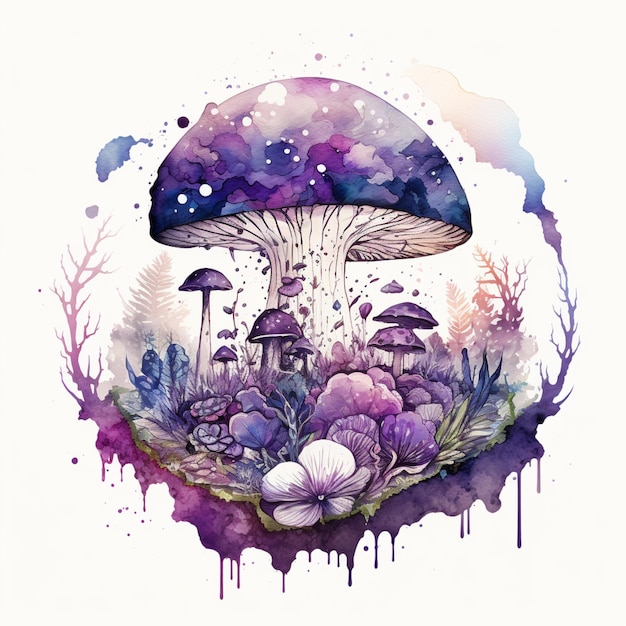 Es gibt ein Aquarellgemälde eines Pilzes mit violetten Blumen