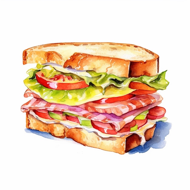 Es gibt ein Aquarellgemälde eines Sandwiches mit Fleisch und Gemüse.