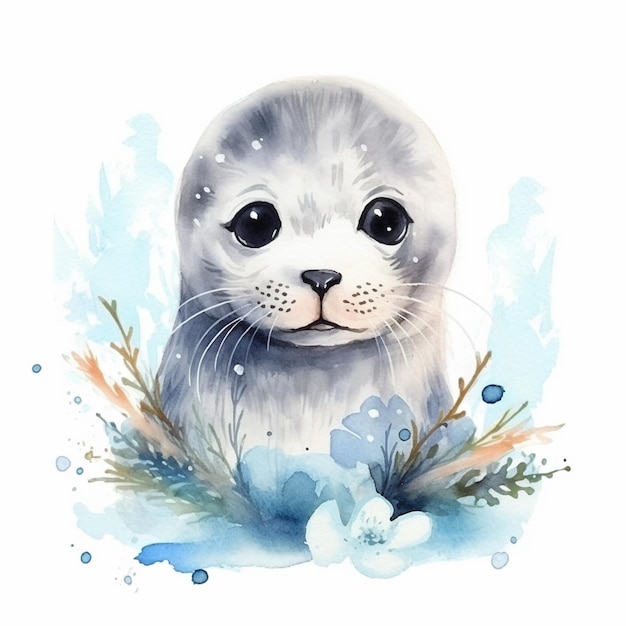 Es gibt ein Aquarellgemälde eines Seals mit Blumen generativ ai