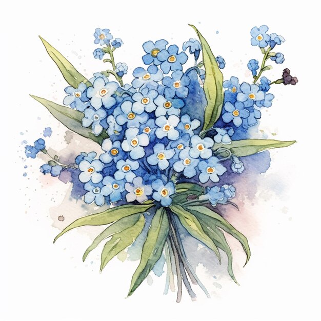 Es gibt ein Aquarellgemälde eines Straußes generativer blauer Blumen