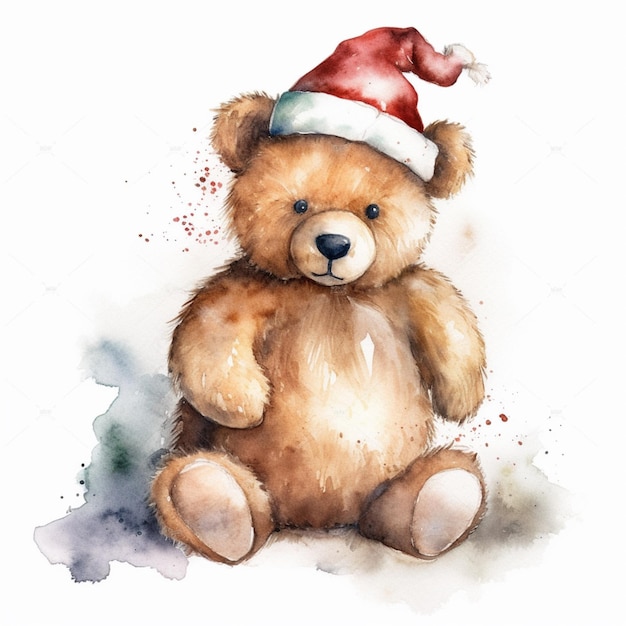 Es gibt ein Aquarellgemälde eines Teddybären, der eine generative KI mit Weihnachtsmütze trägt