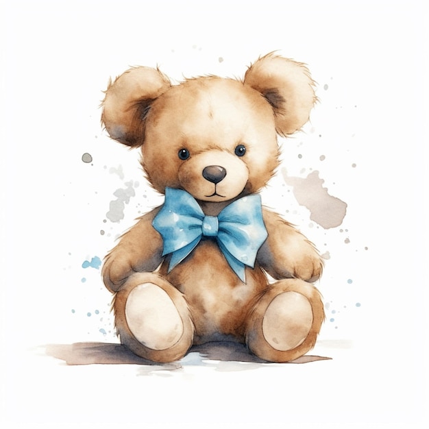 Es gibt ein Aquarellgemälde eines Teddybären mit einer generativen KI mit blauer Schleife