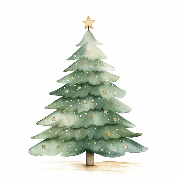 Es gibt ein Aquarellgemälde eines Weihnachtsbaums mit einem Stern oben auf der generativen KI