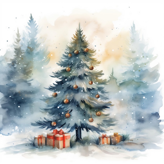 Es gibt ein Aquarellgemälde eines Weihnachtsbaums mit Geschenken generative ai