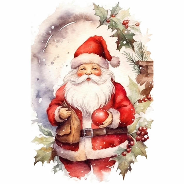 Es gibt ein Aquarellgemälde eines Weihnachtsmanns, der eine Tasche in der Hand hält.