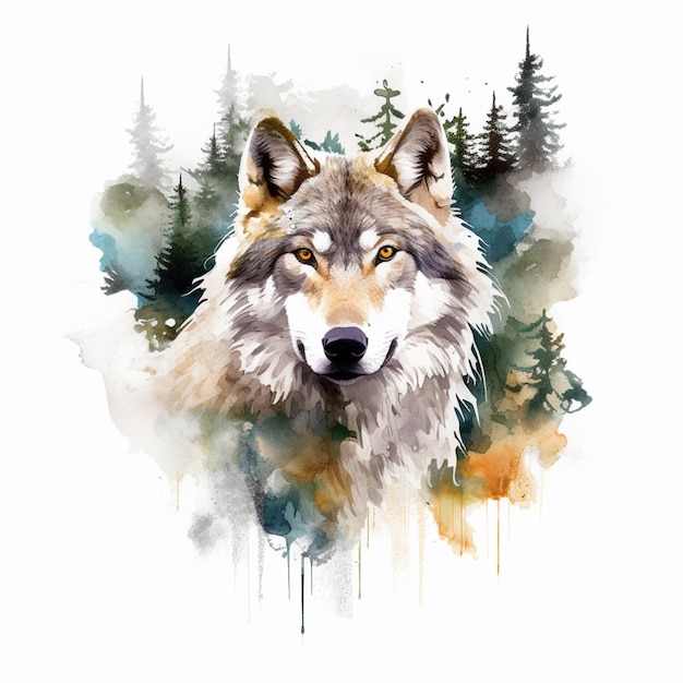 Es gibt ein Aquarellgemälde eines Wolfes mit Bäumen im Hintergrund.