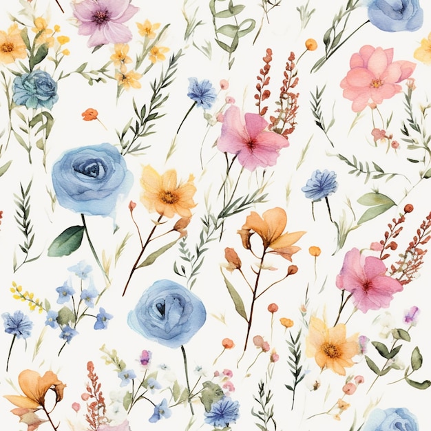 Es gibt ein Aquarellgemälde von Blumen auf weißem Hintergrund, generative KI