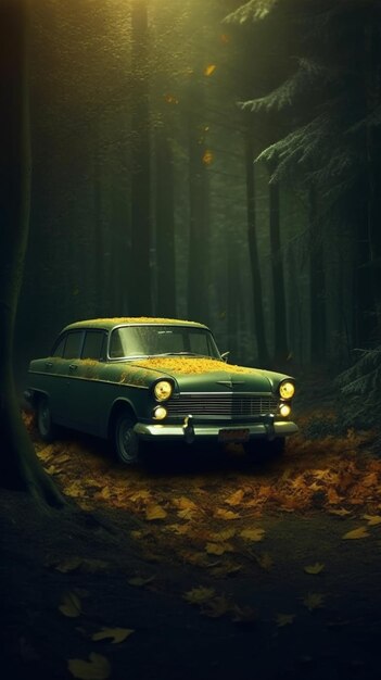 Es gibt ein Auto, das nachts im Wald geparkt ist und generative KI erzeugt