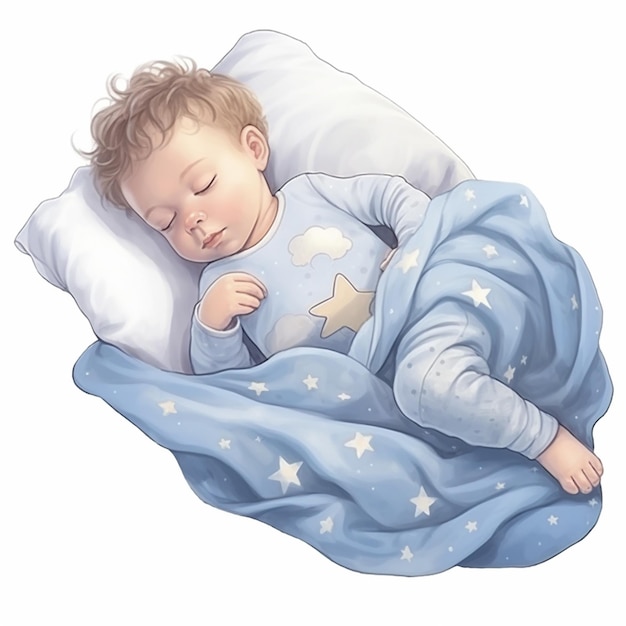 Es gibt ein Baby, das auf einem Kissen mit einer Decke schläft