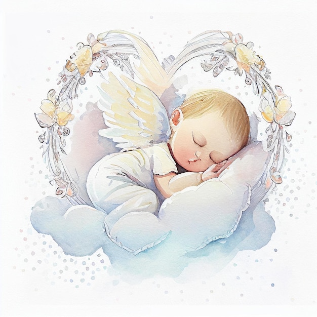 Es gibt ein Baby, das auf einer Wolke schläft mit Engelflügeln.