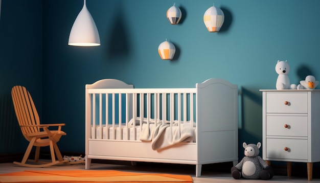 Es gibt ein Babyzimmer mit einem Kinderbett und einem Schaukelstuhl