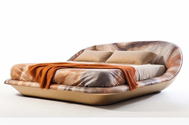 Es gibt ein Bett mit einem großen Bettgestell und einer Decke darauf