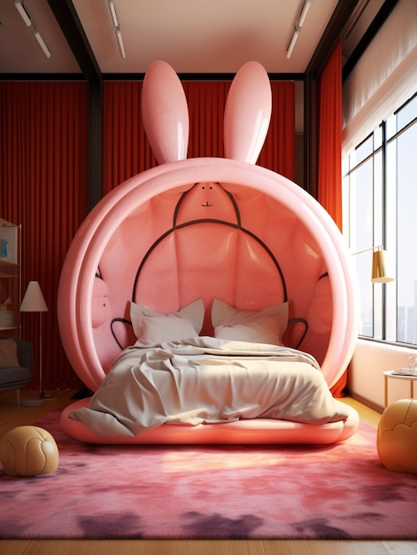 Es gibt ein Bett mit einem rosafarbenen Bettgestell und einer generativen KI mit rosafarbenem Hasenkopf