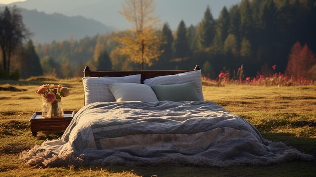 Es gibt ein Bett mit einer Decke und Kissen darauf in einem Feld generative ai