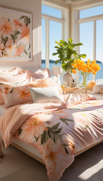 Es gibt ein Bett mit einer rosa Bettdecke und einer Vase mit generativen Blumen