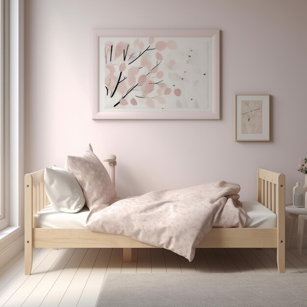 Foto es gibt ein bett mit einer rosa decke und kissen in einem zimmer generative ai