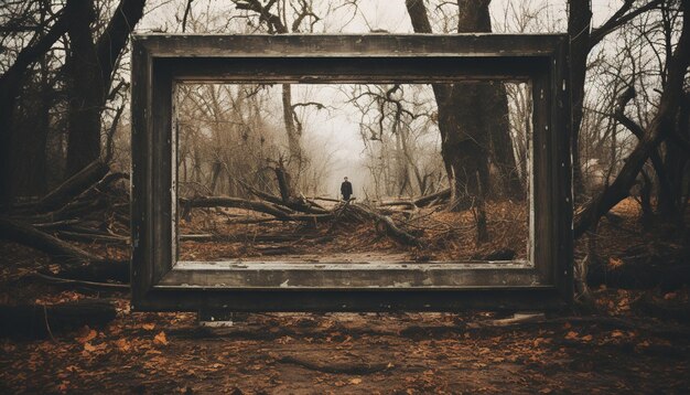 Foto es gibt ein bild einer person, die in einem wald steht.