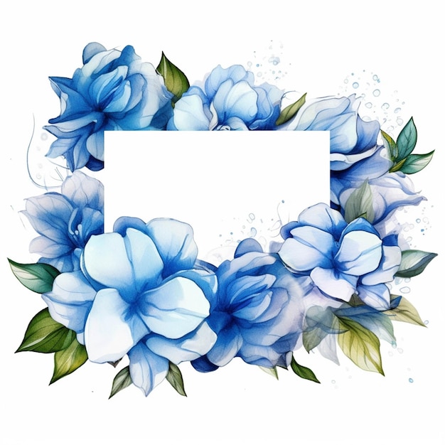 Es gibt ein Bild eines blauen Blumenrahmens mit generativen Aquarellblumen