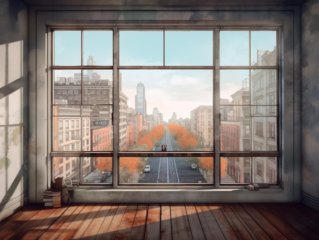 Es gibt ein Bild eines Fensters mit Blick auf eine Stadt generative ai