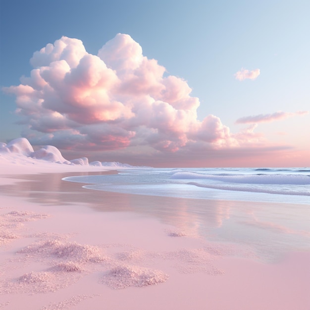 Es gibt ein Bild eines Strandes mit einem rosa Himmel generative ai