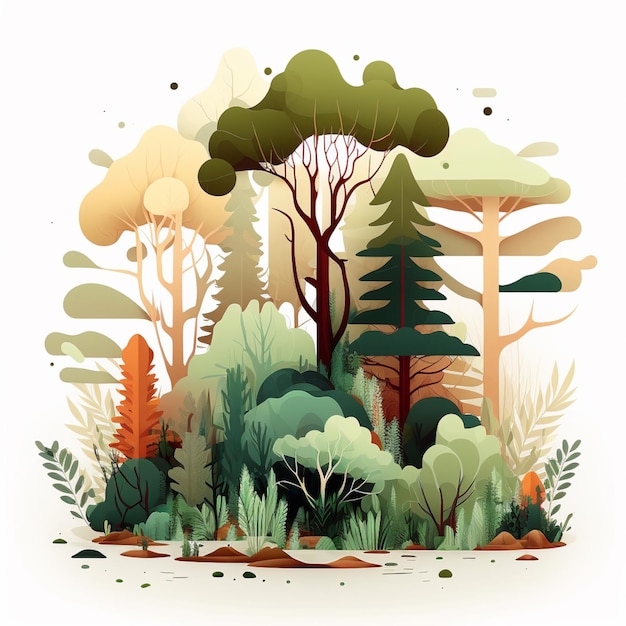 Es gibt ein Bild eines Waldes mit generativen Bäumen und Sträuchern