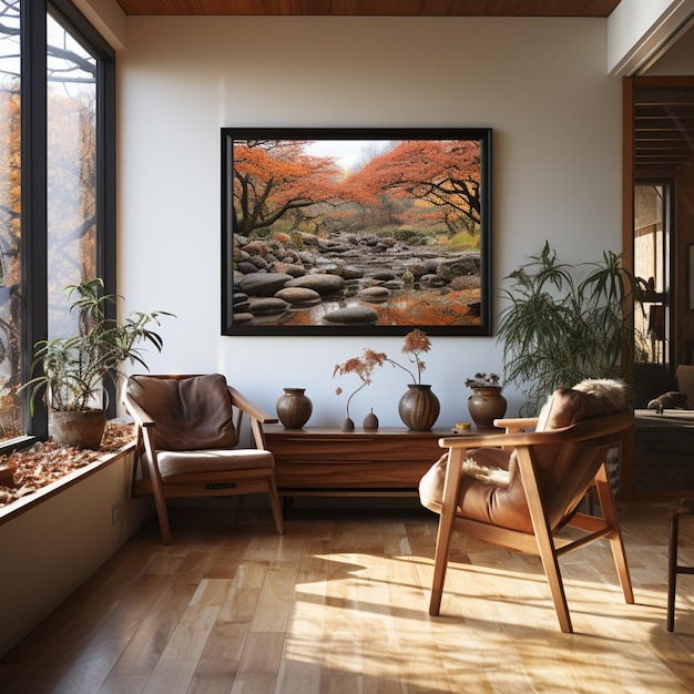 Es gibt ein Bild von einem Wohnzimmer mit einem Gemälde an der Wand. Generative KI