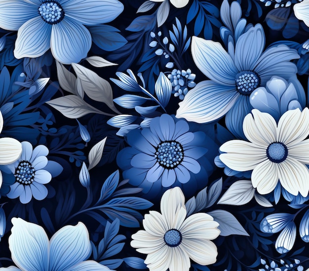 Es gibt ein blau-weißes Blumenmuster auf einem schwarzen Hintergrund.