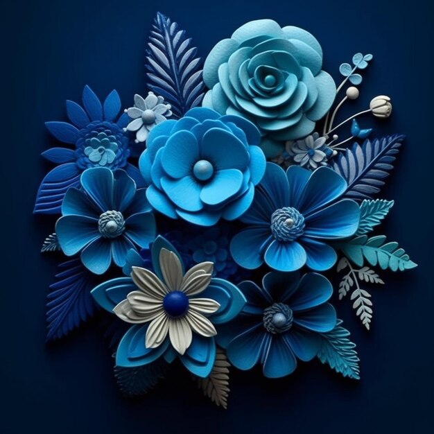 Es gibt ein blaues Blumenarrangement mit Blättern und Blumen auf einem blauen Hintergrund.