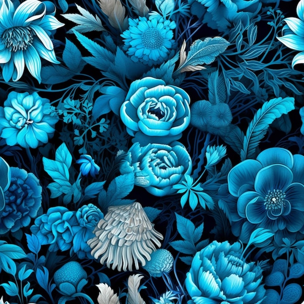 Es gibt ein blaues Blumenmuster mit weißen Blüten darauf