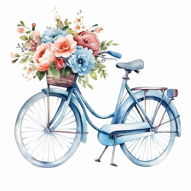 Es gibt ein blaues Fahrrad mit einem Blumenkorb auf der Rückseite.
