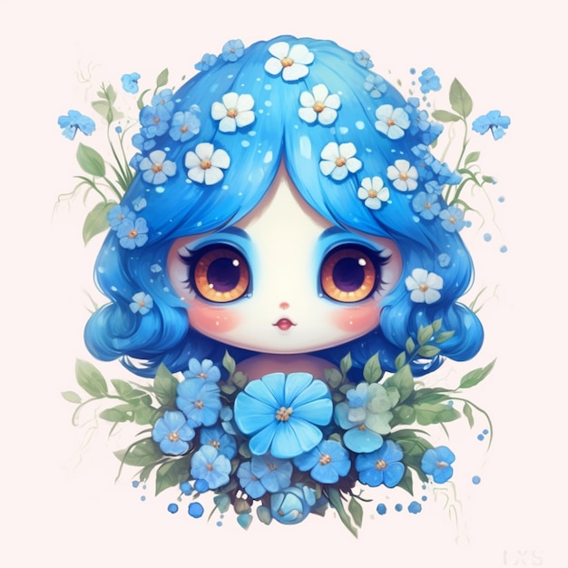 Es gibt ein blauhaariges Mädchen mit blauen Blumen auf dem Kopf, generative KI