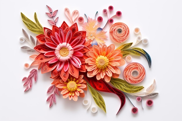 Es gibt ein Blumenarrangement aus Papier, das mit Papierblumen erstellt wurde.